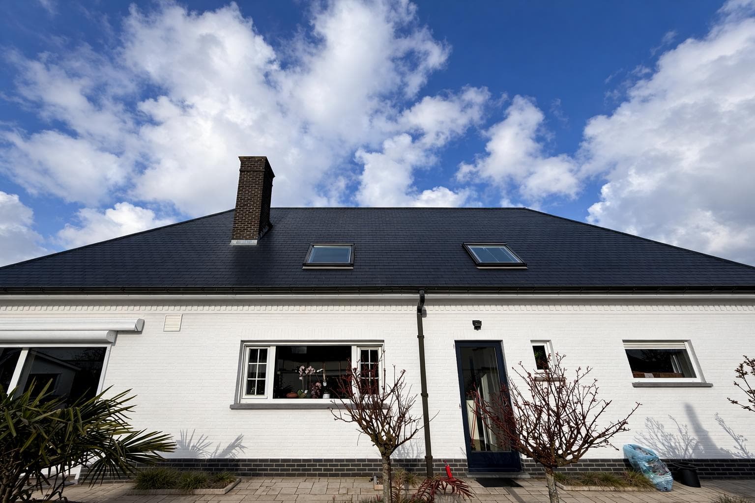 Pannendak van een woning met mos, na de reiniging